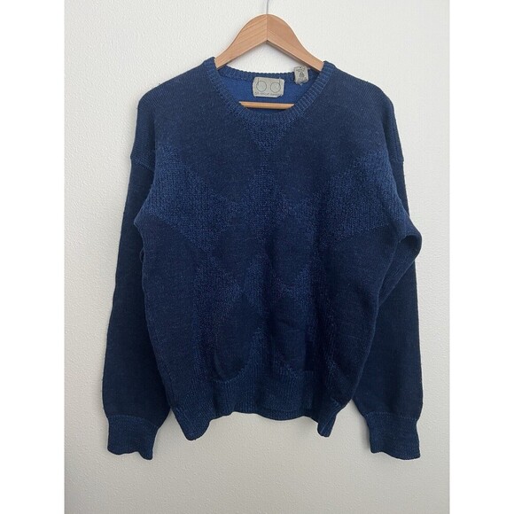VTG Bill Ditfort Designs Blue Wool Chunky Knit Checkered Sweater Medium Grandpa - Picture 1 of 8